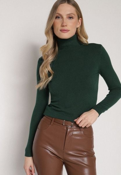 Ciemnozielony Klasyczny Golf z Bawełną Reilisea. Zielone golfy damskie Born2be, uniwersalny, bez wzorów, z bawełny, bez ramiączek. Za 49.99 zł.