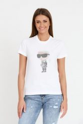 KARL LAGERFELD Biały t-shirt Ikonik 2.0. Białe t-shirty damskie Karl Lagerfeld, xs, bez wzorów, bez kołnierzyka. W wyprzedaży za 299.99 zł.
