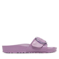 Klapki Birkenstock. Fioletowe klapki damskie Birkenstock, bez wzorów, bez obcasa. Za 249.99 zł.