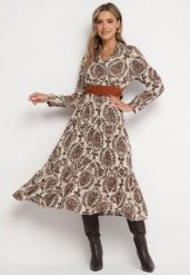 Brązowa Wiskozowa Kopertowa Sukienka w Stylu Boho z Materiałowym Paskiem z Klamrą Rinovia. Brązowe sukienki damskie Born2be, l, bez wzorów, z materiału, boho, bez kołnierzyka, bez ramiączek, midi, kopertowe. W wyprzedaży za 111.99 zł.