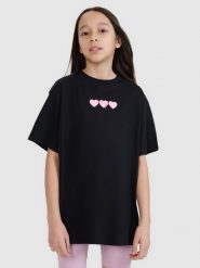 4F T-shirt oversize z nadrukiem dziewczęcy - czarny 146 (10-11 lat). Czarne koszulki dziewczęce 4f, bez wzorów, z bawełny, bez ramiączek. W wyprzedaży za 19.99 zł.