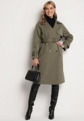 Zielony Płaszcz w Stylu Trencza Ozdobiony Paskiem z Klamrą Ninellira. Zielone płaszcze damskie Born2be, l, bez wzorów, z jeansu, eleganckie. Za 229.99 zł.
