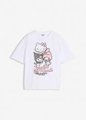 Bawełniany T-shirt oversize z nadrukiem Hello Kitty. Białe koszulki dziewczęce bonprix, s, bez wzorów, z bawełny, bez ramiączek. Za 64.99 zł.