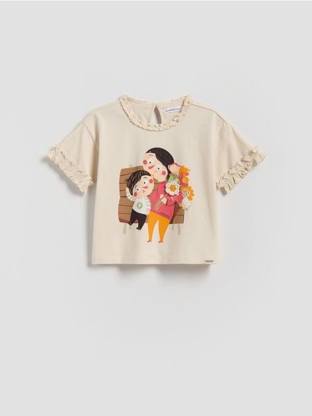 T-shirt Pucio - kremowy. Białe koszulki dziewczęce Reserved, m, bez wzorów, z bawełny, bez ramiączek. Za 39.99 zł.