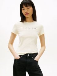 TOMMY JEANS Koszulka w kolorze kremowym rozmiar: M. Brązowe t-shirty damskie Tommy Jeans, m, bez wzorów, z bawełny, bez kołnierzyka. Za 104.95 zł.