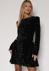 Czarna Cekinowa Sukienka Koktajlowa z Geometrycznymi Ramionami Reffera. Czarne sukienki damskie Born2be, na imprezę, m, bez wzorów, eleganckie, bez kołnierzyka, bez ramiączek, maxi, rozkloszowane. Za 199.99 zł.