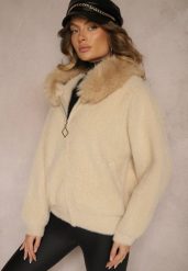 Beżowa Bluza Rozpinana z Wełną i Wiskozą Ozdobiona Futerkiem Vesalttia. Brązowe bluzy bez kaptura damskie Renee, l, z jeansu. Za 159.99 zł.