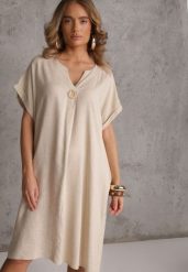 Beżowa Sukienka o Pudełkowym Kroju z Lnem i Wiskozą Zdobiona Guzikiem Mezynore. Brązowe sukienki damskie Renee, na imprezę, plus size, z aplikacjami, z bawełny, wakacyjne, bez kołnierzyka, plus size, bez ramiączek, midi. Za 89.99 zł.
