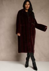 Bordowy Futrzany Płaszcz Oversize z Kieszeniami z Klapami Zellnessa. Czerwone płaszcze damskie Renee, l, bez wzorów, z futra. Za 329.99 zł.