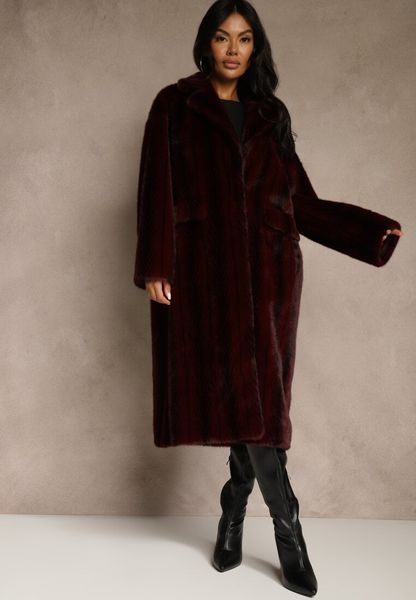 Bordowy Futrzany Płaszcz Oversize z Kieszeniami z Klapami Zellnessa. Czerwone płaszcze damskie Renee, l, bez wzorów, z futra. Za 219.99 zł.