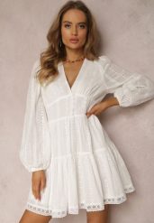 Biała Sukienka Arierith. Białe sukienki damskie Renee, m, z aplikacjami, z bawełny, boho, bez kołnierzyka, bez ramiączek, mini, rozkloszowane. Za 219.99 zł.