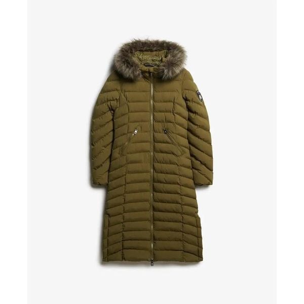 Długa kurtka z kapturem z sztucznego futra dla kobiet Superdry Fuji. Zielone kurtki damskie Superdry., na zimę, l, z aplikacjami, z puchu, z kapturem. Za 728.30 zł.