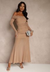 Ciemnobeżowa Koktajlowa Sukienka z Prześwitującymi Rękawami i Marszczeniem Haludea. Brązowe sukienki damskie Renee, na imprezę, l, bez wzorów, klasyczne, bez kołnierzyka, bez ramiączek, maxi. Za 149.99 zł.