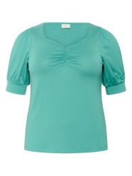 KAFFE curve Koszulka w kolorze turkusowym rozmiar: M. Niebieskie bluzki damskie KAFFE curve, m, bez wzorów, bez kołnierzyka, bez ramiączek. Za 56.99 zł.