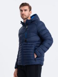 Kurtka męska pikowana z kapturem - granatowa V1 OM-JALP-0120 - XL. Niebieskie kurtki treningowe męskie Ombre Clothing, m, bez wzorów. W wyprzedaży za 79.99 zł.