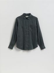 Lniana koszula regular fit - oliwkowy. Zielone koszule męskie Reserved, l, bez wzorów, bez kołnierzyka, bez ramiączek. Za 179.99 zł.