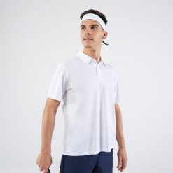 Koszulka polo do tenisa męska Artengo Essential. Białe koszulki polo męskie KUIKMA, m, bez wzorów, z materiału, bez ramiączek. Za 29.99 zł.