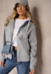 Szara Bluza Rozpinana z Dodatkiem Bawełny Ozdobiona Kontrastowym Kapturem Arstoia. Szare bluzy z kapturem damskie Renee, s, z bawełny. Za 39.99 zł.