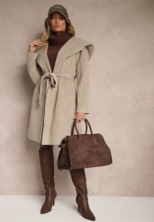 Beżowy Płaszcz z Wiskozą Kapturem i Paskiem w Talii Ninerviria. Brązowe płaszcze damskie Renee, l, z aplikacjami, z wiskozy, eleganckie. Za 229.99 zł.