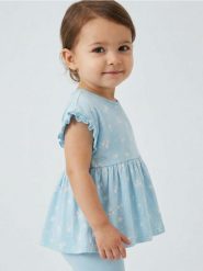 Sukienka z body i kwiatowym wzorem z falbankami - błękitny. Niebieskie sukienki dziewczęce Sinsay, bez wzorów, bez ramiączek. Za 22.99 zł.