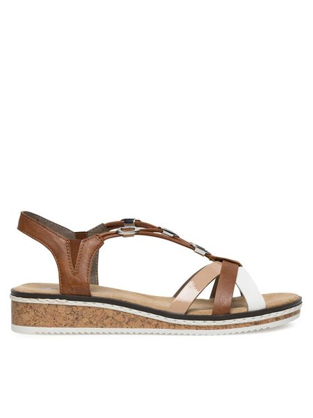 Rieker Sandały V3657-81 Brązowy. Brązowe sandały damskie Rieker, bez wzorów, z syntetyku, bez obcasa, na płaskiej podeszwie. Za 269.99 zł.