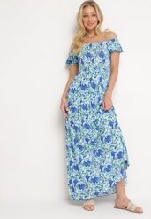 Niebieska Rozkloszowana Sukienka Typu Hiszpanka z Marszczoną Górą Jesteria. Niebieskie sukienki damskie Born2be, na imprezę, l, bez wzorów, eleganckie, bez kołnierzyka, bez ramiączek, maxi, rozkloszowane. W wyprzedaży za 63.99 zł.