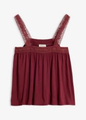 Top z miękkiej wiskozy. Czerwone topy damskie bonprix, bez wzorów, z koronki, bez kołnierzyka. Za 27.99 zł.