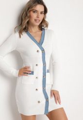 Biała Dzianinowa Sukienka z Wiskozą w Stylu Retro z Ozdobnymi Napami Tesmere. Białe sukienki damskie Born2be, na co dzień, m, z aplikacjami, z dzianiny, eleganckie, bez kołnierzyka, bez ramiączek, mini, dopasowane. W wyprzedaży za 127.99 zł.