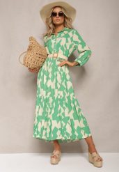 Zielono-Beżowa Koszulowa Sukienka Maxi w Geometryczny Wzór Qerida. Zielone sukienki damskie Renee, na co dzień, l, bez wzorów, bez kołnierzyka, bez ramiączek, maxi, koszulowe. W wyprzedaży za 69.99 zł.