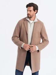 Męski płaszcz jednorzędowy bez podszewki – beżowy V7. Brązowe płaszcze męskie Ombre Clothing, m, bez wzorów, z materiału, eleganckie. W wyprzedaży za 359.99 zł.