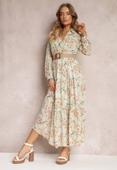 Miętowa Sukienka Maxi z Plecionym Paskiem i Gumką w Talii w Kwiaty Elanisa. Zielone sukienki damskie Renee, l, bez wzorów, bez kołnierzyka, bez ramiączek, maxi, kopertowe. W wyprzedaży za 127.99 zł.