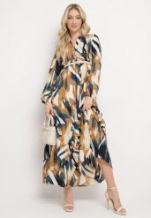 Beżowo-Zielona Sukienka Rozkloszowana w Abstrakcyjny Print z Koszulową Górą Analow. Brązowe sukienki damskie Born2be, m, bez wzorów, z materiału, bez kołnierzyka, bez ramiączek, maxi, koszulowe. W wyprzedaży za 135.99 zł.