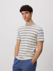 T-shirt regular w paski - biały. Białe t-shirty męskie Reserved, l, bez wzorów, z bawełny, bez kołnierzyka. W wyprzedaży za 45.99 zł.