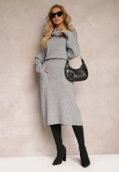 Szara Sweterkowa Sukienka z Materiałowym Paskiem i Wywijanym Golfem Raileanu. Szare sukienki damskie Renee, na zimę, xl, bez wzorów, z dzianiny, bez kołnierzyka, bez ramiączek, midi. W wyprzedaży za 90.99 zł.