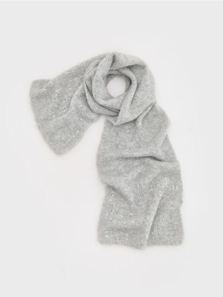 Miękki szalik z cekinami - jasnoszary. Szare szaliki i kominy damskie Reserved, bez wzorów. W wyprzedaży za 29.99 zł.
