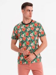Męski t-shirt bawełniany w kwiatowy wzór full print – czarny V2 OM-TSFP-0249 - XXL. Czarne t-shirty męskie Ombre Clothing, na lato, l, bez wzorów, z bawełny, bez kołnierzyka. W wyprzedaży za 39.99 zł.
