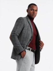 Elegancka męska marynarka w kratkę z domieszką wełny – szara V1 OM-BLZB-0137 - XXL. Szare marynarki męskie Ombre Clothing, bez wzorów, z materiału. Za 251.99 zł.