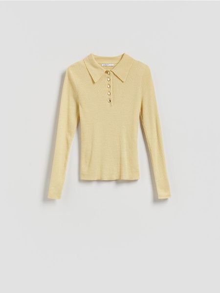Sweter polo z wełną - jasnożółty. Żółte swetry klasyczne damskie Reserved, l, z dzianiny, bez kołnierzyka. Za 129.99 zł.