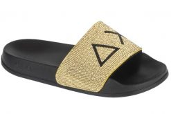 Klapki na basen damskie, Slippers Strass Logo. Żółte klapki damskie SUN68, bez wzorów, z materiału, bez obcasa. Za 169.90 zł.
