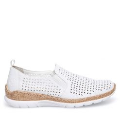 Półbuty Rieker. Białe półbuty damskie Rieker, bez wzorów, bez obcasa, na płaskiej podeszwie. Za 189.99 zł.