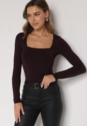 Bordowa Bluzka Alexussi. Czerwone bluzki damskie Born2be, l, bez wzorów, z jeansu, biznesowe, bez kołnierzyka, bez ramiączek. Za 79.99 zł.