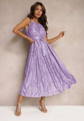 Fioletowa Sukienka Plisowana z Paskiem w Talii na Cienkich Ramiączkach Wasea. Fioletowe sukienki damskie Renee, na co dzień, m, bez wzorów, z jeansu, eleganckie, bez kołnierzyka, bez ramiączek, midi, plisowane. W wyprzedaży za 63.99 zł.