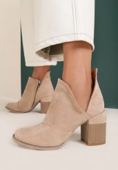 Beżowe Botki Dhysreia. Brązowe botki damskie Renee, z jeansu, boho, za kostkę, bez obcasa, na obcasie, bez zapięcia. Za 44.99 zł.