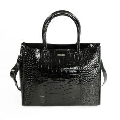 Elegancka skórzana torba damska tote Solier FL62 Silvana czarna. Czarne torebki klasyczne damskie bez wzorów, z lakierowanej skóry, lakierowane, bez dodatków. Za 299.00 zł.