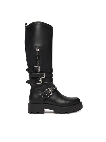 Guess Kozaki FLFYNK ELE11 Czarny. Czarne kozaki damskie Guess, ze skóry, bez obcasa, na płaskiej podeszwie. Za 589.99 zł.