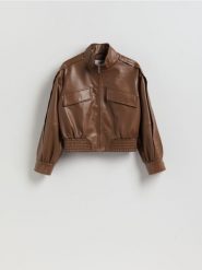 Kurtka biker z imitacji skóry - brązowy. Brązowe kurtki damskie Reserved, l, bez wzorów, ze skóry, bez kaptura. Za 279.99 zł.
