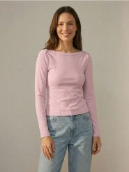 Bawełniana koszulka z długim rękawem w prążek - różowy. Czerwone t-shirty damskie Sinsay, l, bez wzorów, z bawełny, bez kołnierzyka. Za 19.99 zł.