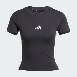 Koszulka Essentials 3-Stripes Slim Baby. Białe bluzki sportowe damskie Adidas, s, z bawełny, bez kołnierzyka, bez ramiączek. Za 91.99 zł.