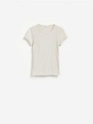 T-shirt z wiskozą - jasnoszary. Szare t-shirty damskie Reserved, l, bez wzorów, z dzianiny, bez kołnierzyka. Za 49.99 zł.