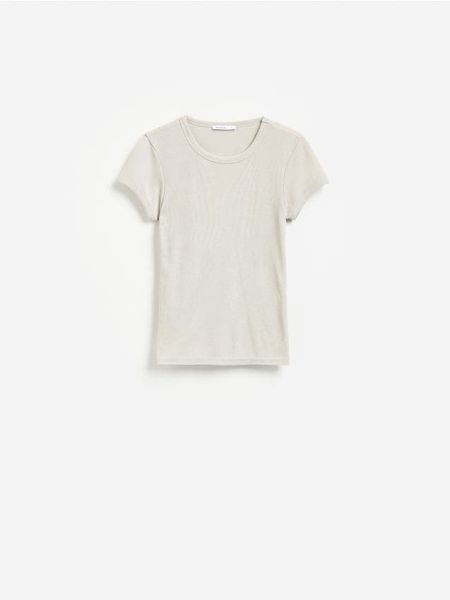 T-shirt z wiskozą - jasnoszary. Szare t-shirty damskie Reserved, l, bez wzorów, z dzianiny, bez kołnierzyka. Za 49.99 zł.